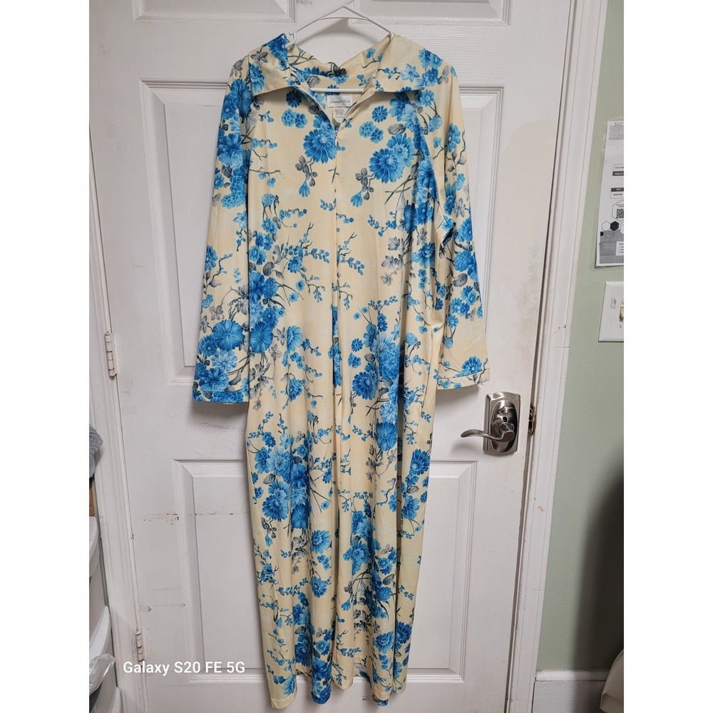 Womens Vintage Amanda Rich Full Length Blue/Yellow Floral Zip Front Nightgown